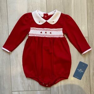 NWT Magnolia Baby Red Pima Cotton Smocked Rosette Long Sleeve Bubble Romper, 12M